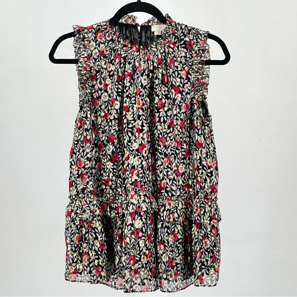 Kate Spade Black and Pink Floral Ruffle Blouse